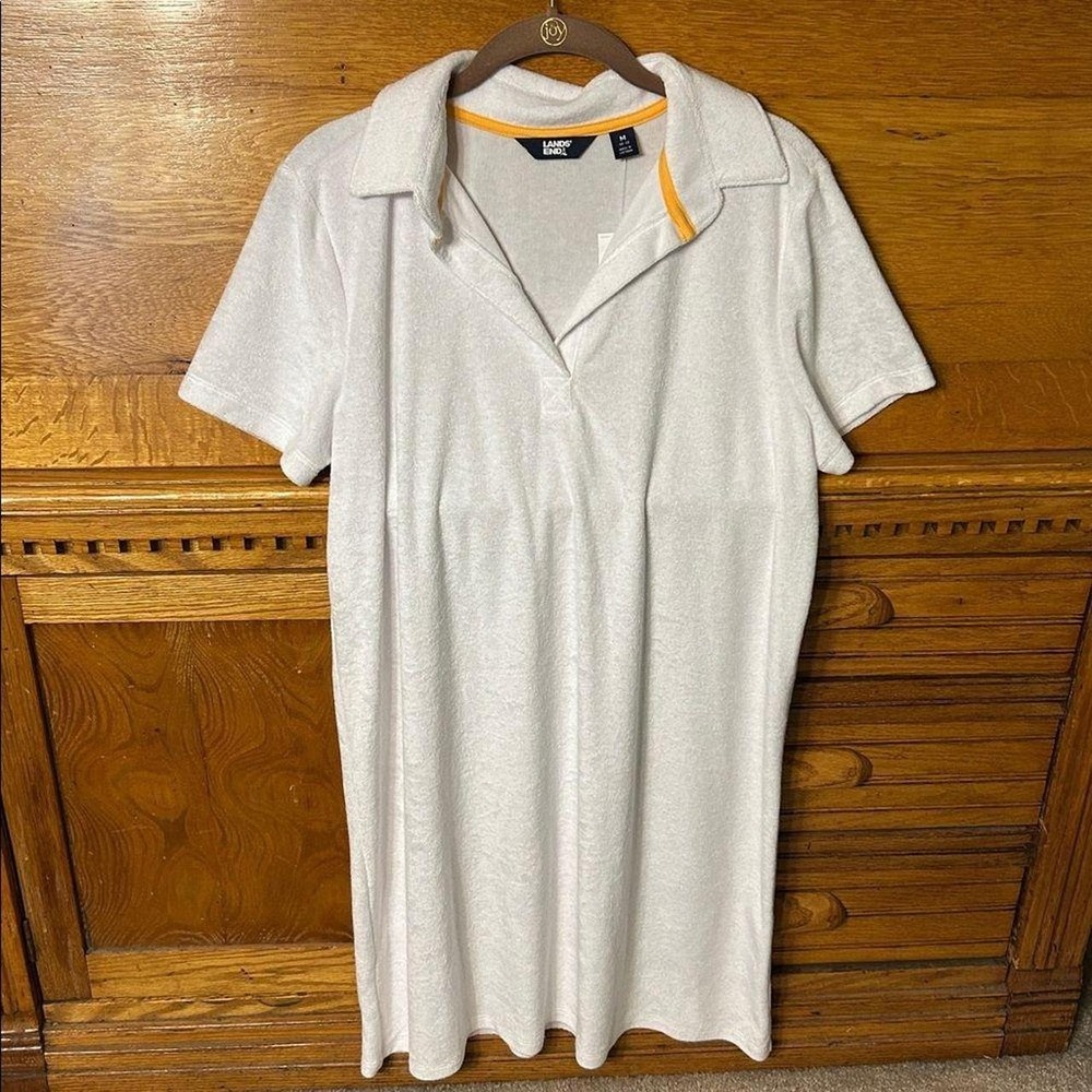 Lands End Old Money Preppy Terry Cloth Polo Dress White Short Sleeve CoverUp NEW
